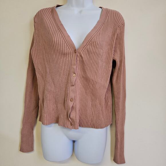 H&M Tan Button Front Ribbed Sweater Size L Minimalist Staple Capsule - Picture 1 of 9
